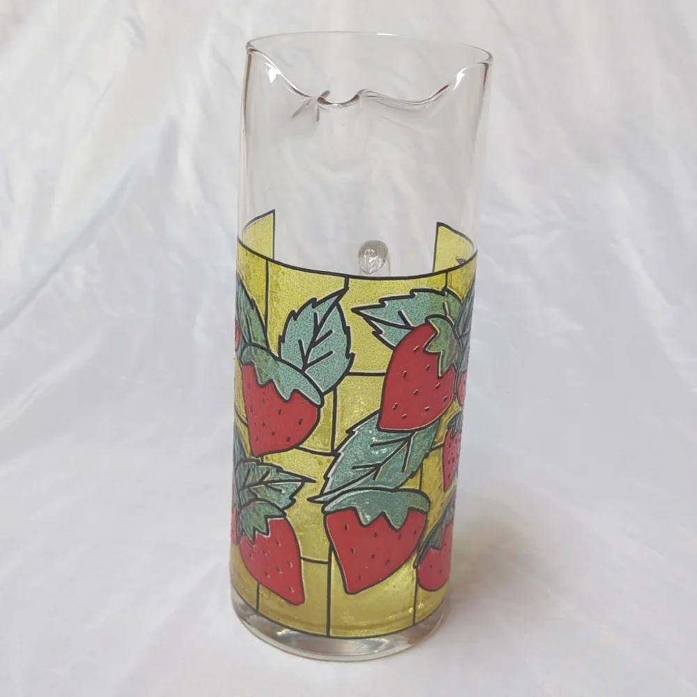 West Virginia Strawberry Stained Glass MCM Drink Cocktail Pitcher Applied Handle